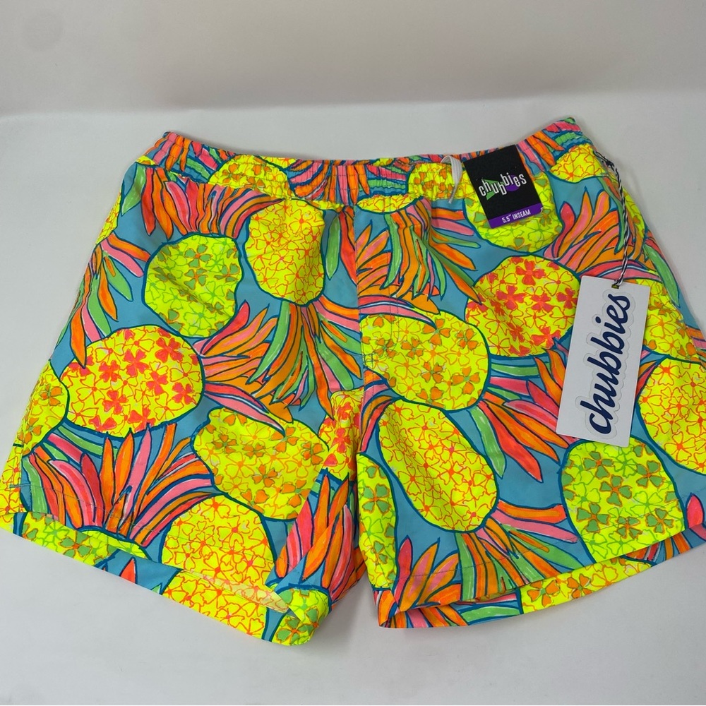 chubbies Bright Yellow Pineapple Swim Trunks with Blue and Orange Accents